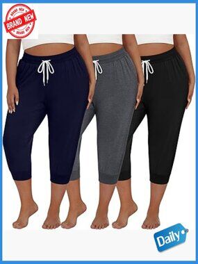 3 Pack Plus Size Cotton Capri Yoga Pants with Pockets